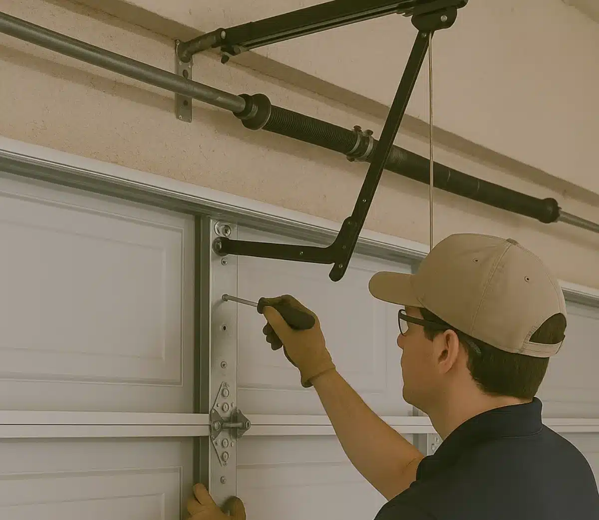 A person wearing gloves and a cap uses a screwdriver to repair or adjust a metal bracket on a sectional garage door, with the door’s torsion spring and opener mechanism visible above.