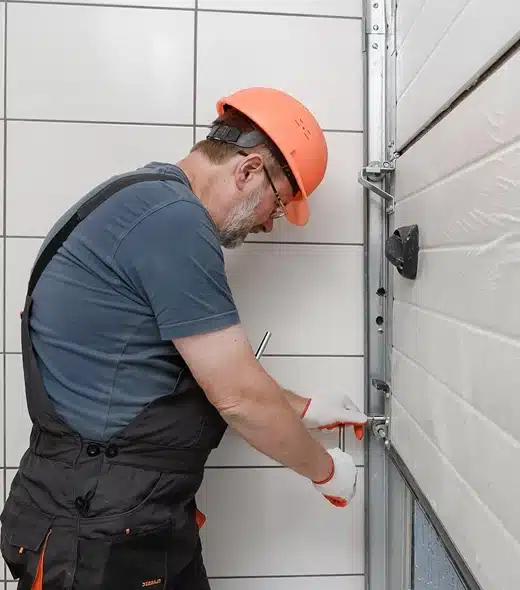 A man wearing an orange hard hat, gloves, and overalls is using a hand tool to fix or install the metal track of a garage door inside a tiled room.