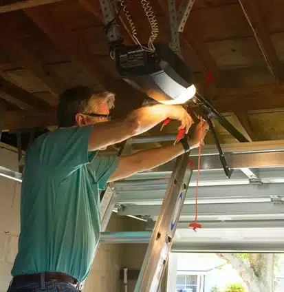 A man standing on a ladder repairs a garage door opener in a garage, working with tools near the ceiling. Natural light enters through the open garage door.